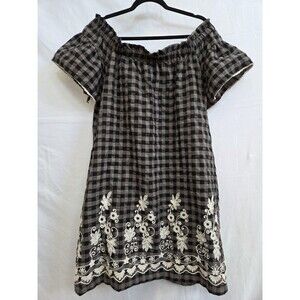 UNCLE FRANK Anthropologie Gingham Plaid Gray Black Floral Embroidered Boho Dress